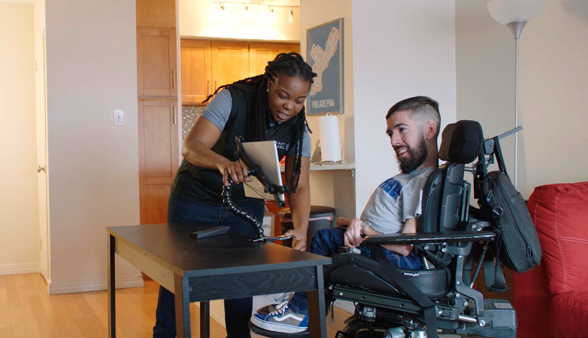 Man in a wheelchair using eye control technology