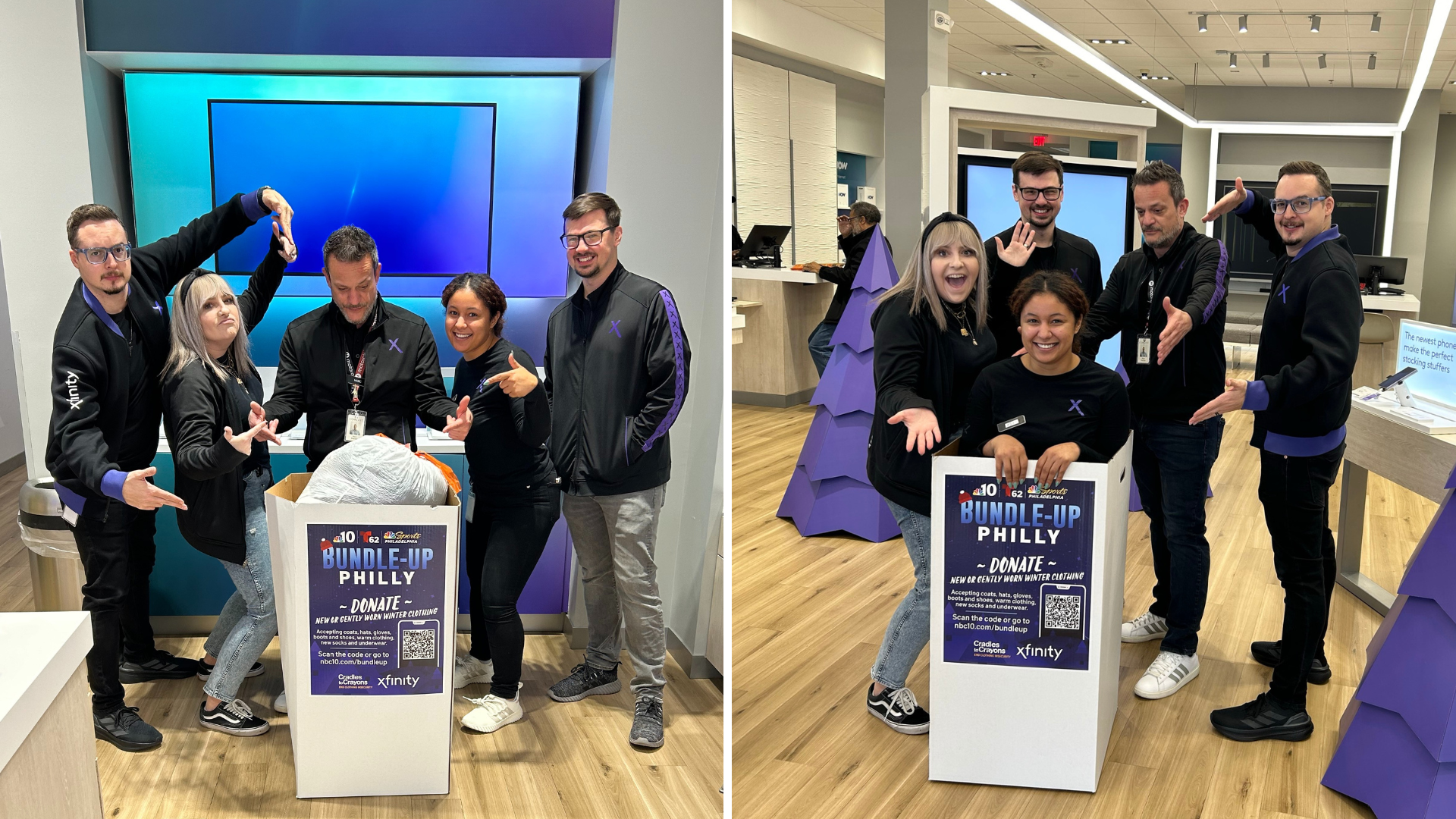 Xfinity Store teammates with Bundle Up Philly donation bins