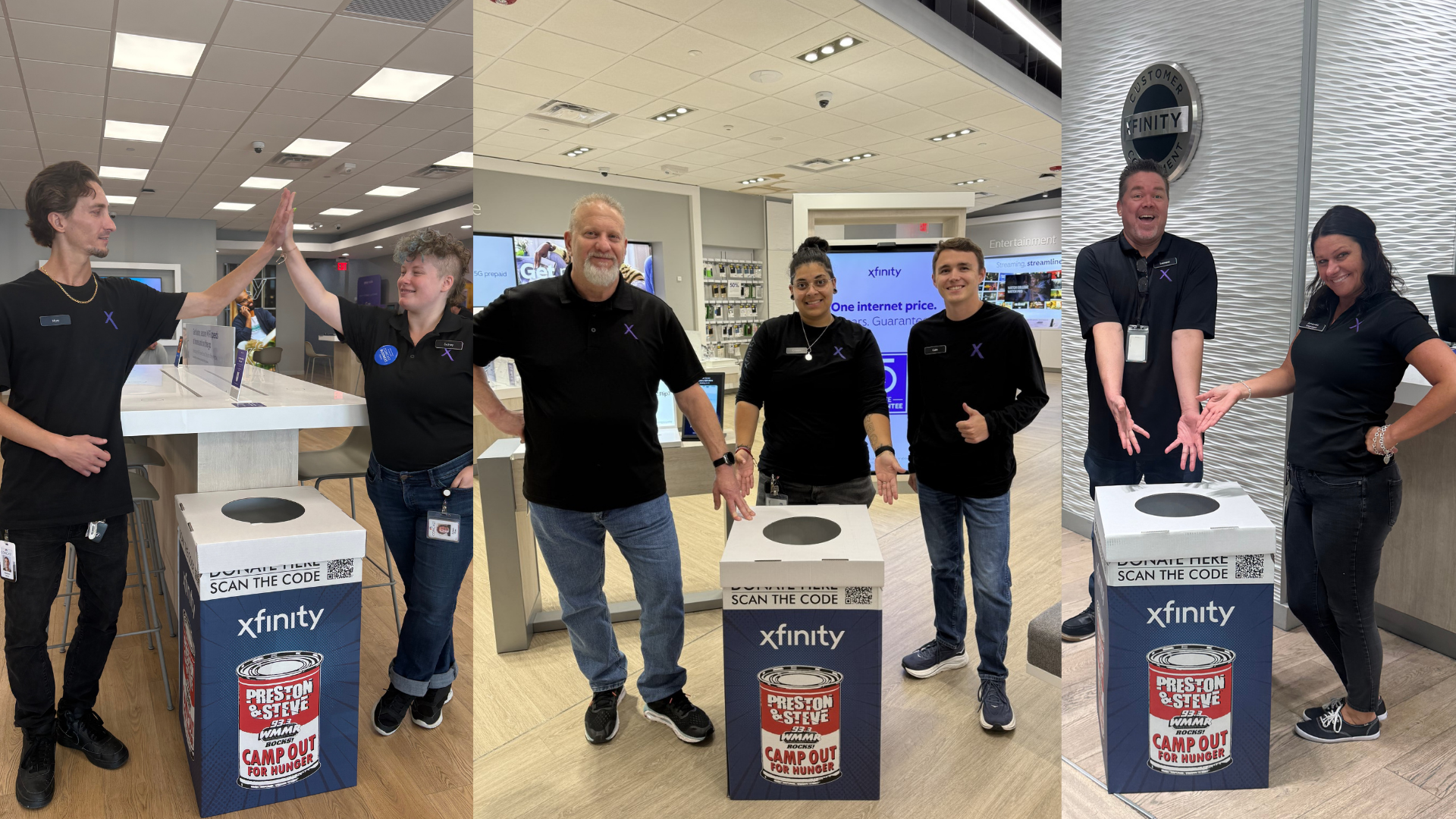 Xfinity Store retail representatives posing with Camp Out for Hunger collection boxes